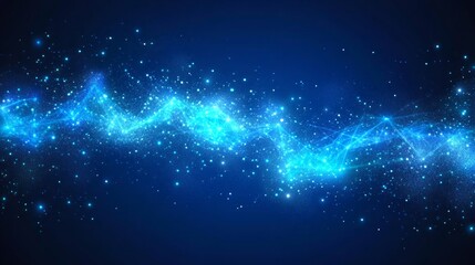 Fototapeta premium Abstract blue wave with glowing particles on dark background.