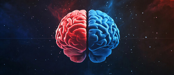 Abstract Human Brain Divided Red and Blue in Cosmic Space Background