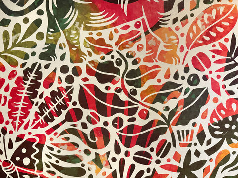 Random colorful floral and leaves abstract pattern silhouette superimposed with red, green, and yellow gradient background. Illustration of leaves, coffee beans, peanut, and flower.