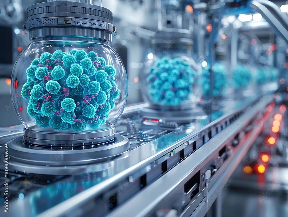 Aufkleber synthetic cells growing in futuristic bioreactor with robotic arms monitoring development in clean w