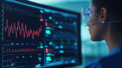 Artificial intelligence enables precision medicine through advanced monitoring. Innovative medical technology is showcased as woman analyzes critical diagnostic data on high tech screen.