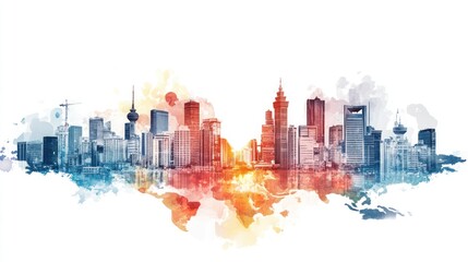 Vibrant Watercolor Skyline Illustration of a Modern Cityscape with Global Map Integration