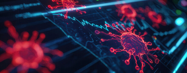 Artificial intelligence enables precision medicine through advanced monitoring. Digital visualization of virus cells with data graphs, representing health trends and research.