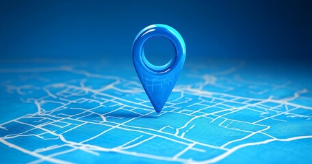 3D Blue Location Pin Icon on Crumpled Map with Grid Pattern for Navigation and GPS Travel Direction