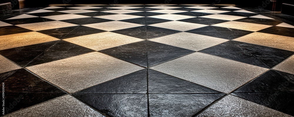 Poster a close-up view of a checkerboard floor pattern featuring alternating black and white tiles.