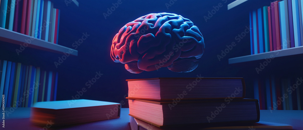 Poster illuminated brain resting on stack of books, knowledge and learning concept
