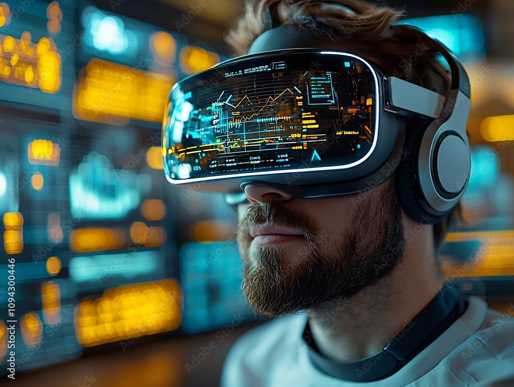 Poster marketer utilizing vr headset to manage ai driven digital campaigns with real time performance insig