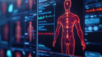 Artificial intelligence enables precision medicine through advanced monitoring. Visualizing human anatomy with advanced diagnostics and AI technology.