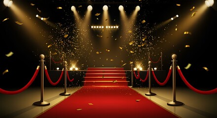 中央のライトビームに照らされ、お祝いのステージに流れ落ちる金色の紙吹雪のシャワー。表彰式やプレゼンテーションなどのイベントのためのモックアップ｜A shower of golden confetti cascades down the festive stage, illuminated by a central light beam. Mock-up for an awards ceremony