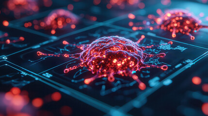 Artificial intelligence enables precision medicine through advanced monitoring. Digital representation of cancer cells with glowing details and intricate patterns.