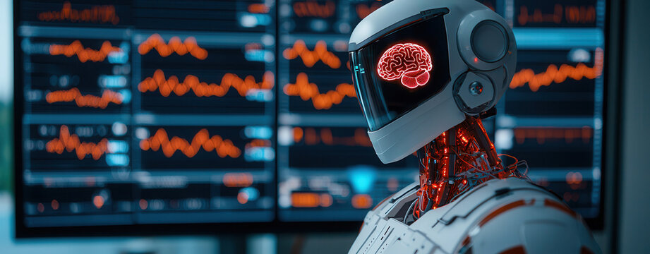 Artificial intelligence enables precision medicine through advanced monitoring. Robotic diagnostics station with AI driven technology and glowing brain.