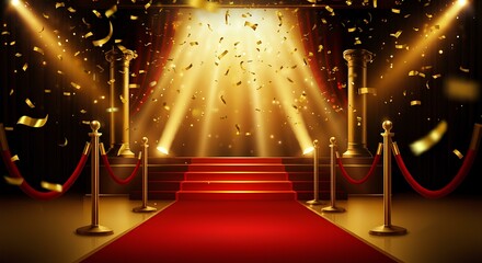 中央のライトビームに照らされ、お祝いのステージに流れ落ちる金色の紙吹雪のシャワー。表彰式やプレゼンテーションなどのイベントのためのモックアップ｜A shower of golden confetti cascades down the festive stage, illuminated by a central light beam. Mock-up for an awards ceremony