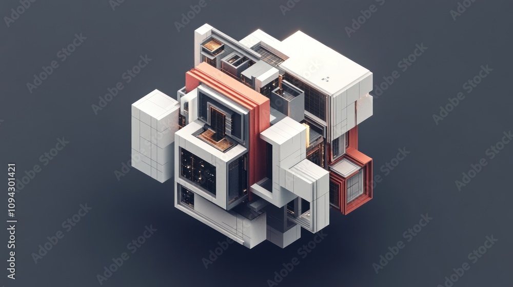 Poster abstract geometric cube structure with intricate details and contrasting colors.