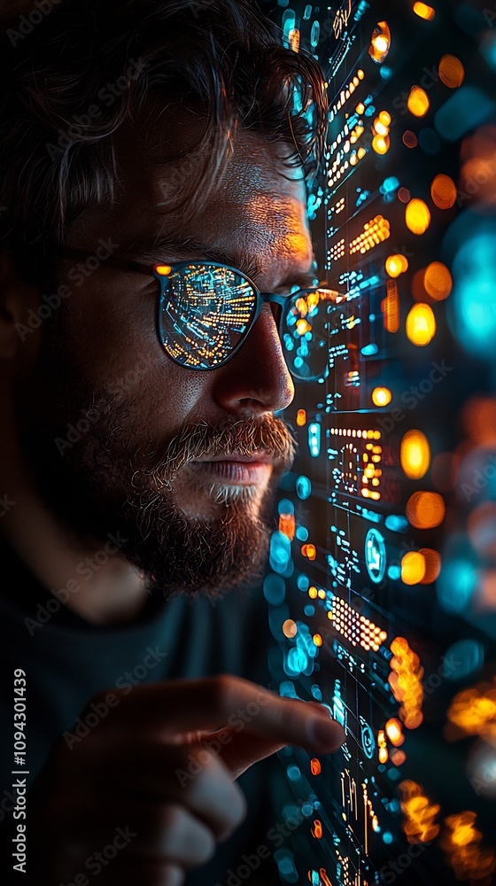 Poster digital marketer collaborating with assistant to plan multichannel campaign with glowing charts and 