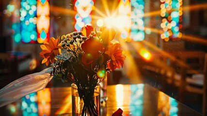 Vibrant bouquet of red and orange flowers in sunlight, set against colorful stained-glass windows, symbolizing beauty and warmth.

 - Powered by Adobe