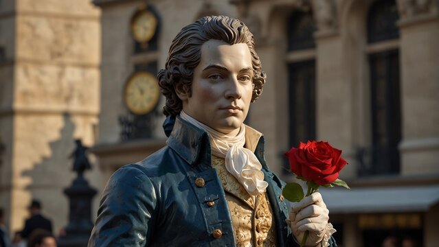 Statue of Casanova: Casanova dressed in 18th-century gentleman's attire, holding a rose, standing on the romantic streets of Paris, with a grand ball scene in the background.