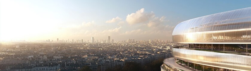 A panoramic view of a modern stadium overlooking a cityscape during sunset.