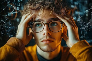 Thoughtful Young Man Surrounded by Mathematical Symbols and Equations