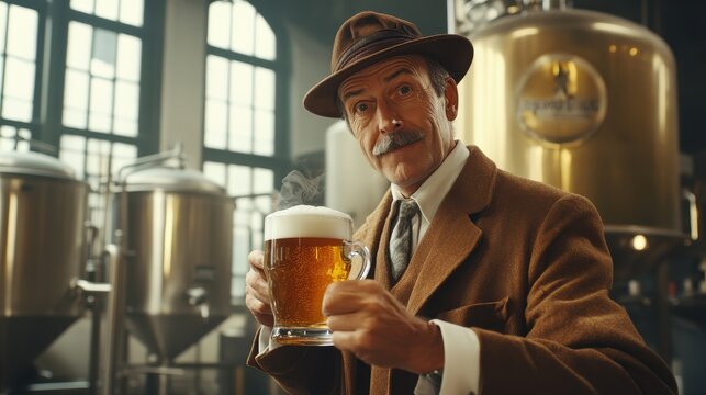 Brewery master dressed in traditional attire holds a mug of beer, showcasing his craft with pride