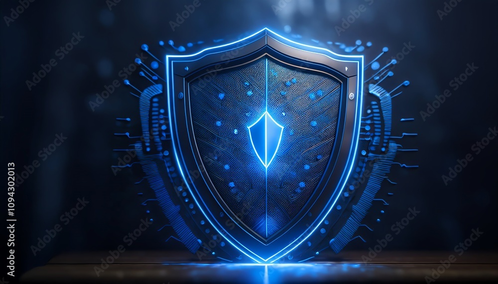 Poster a glowing blue shield with intricate patterns, symbolizing protection and security in a digital cont