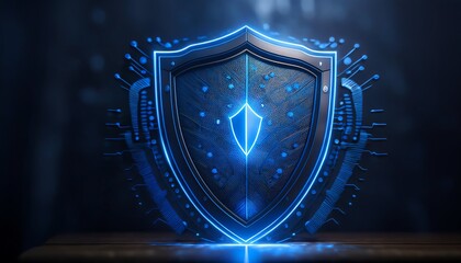 Fototapeta premium A glowing blue shield with intricate patterns, symbolizing protection and security in a digital context.