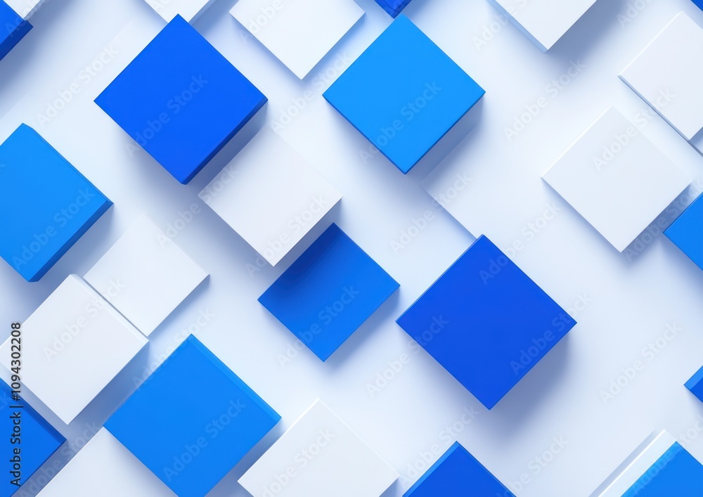 Poster Abstract geometric pattern with blue and white cubes, 3D rendering.