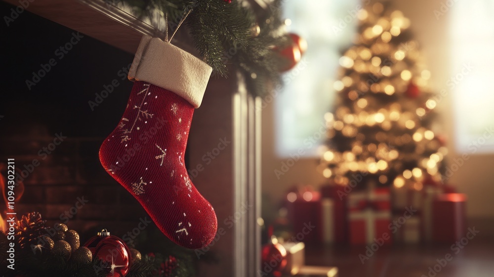 Poster a red stocking sits in front of a christmas tree