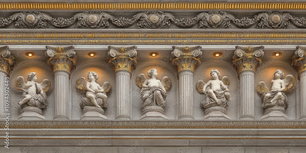 Poster architectural detail featuring sculpted figures on columns in a classical style.