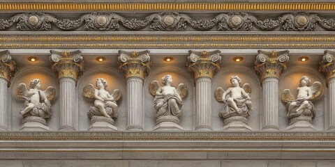 Fototapeta premium Architectural detail featuring sculpted figures on columns in a classical style.