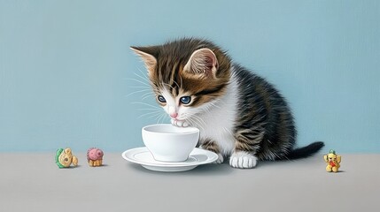 A playful kitten curiously sipping from a small cup, surrounded by cute figurines.
