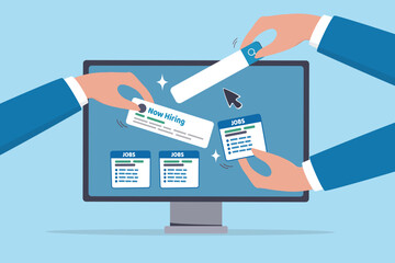 Job posting on recruitment website, employment or career opportunity online, HR or human resource offer help wanted or hiring position vacancy, HR hand posting job vacancy on online career website.