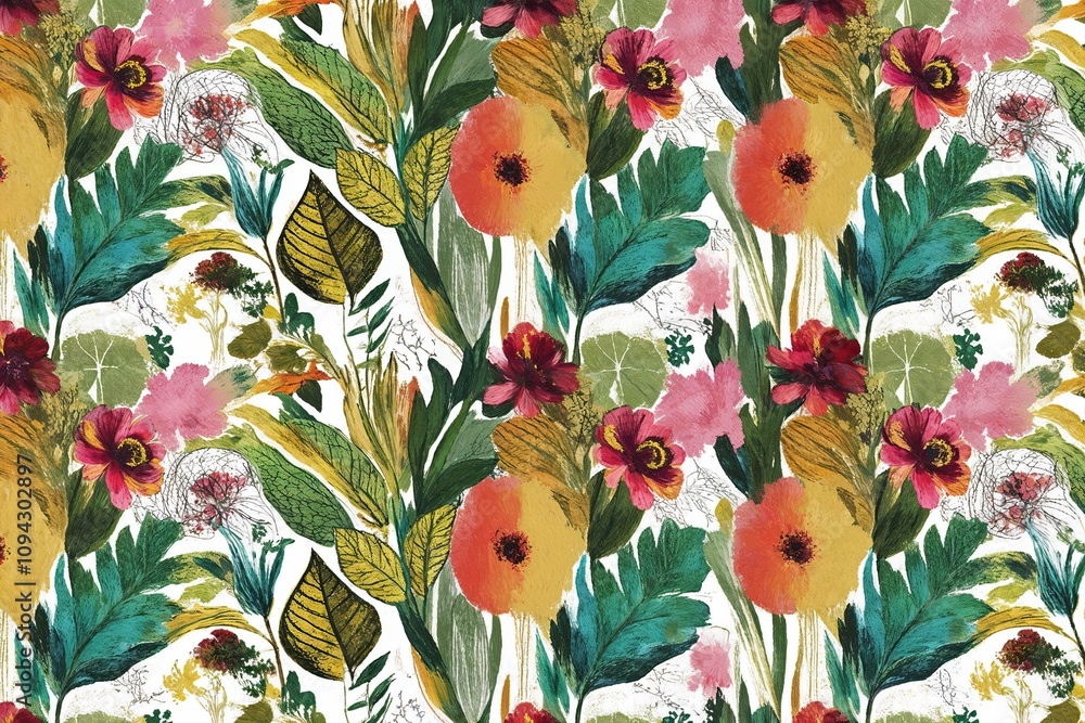 Aufkleber eclectic modern botanical pattern collection with playful sketches and vivid paint textures