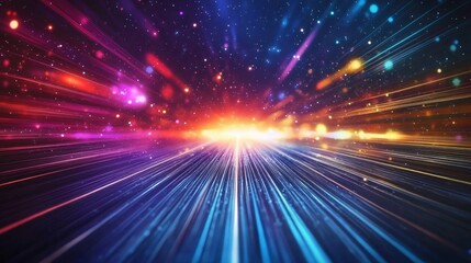 Obraz premium Abstract colorful light streaks converging towards a bright center, resembling speed and movement through space.