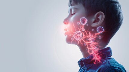 2409_060.Highlighted lymph nodes with energy patterns representing strep throat, medical illustration style, high contrast, clean background, with faint side profile of a child as backdrop, PNG