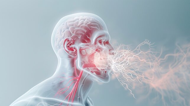 2409_003.Highlighted maxillary sinuses with energy patterns representing chronic sinusitis, medical illustration style, high contrast, clean background, with faint side profile of a elderly person as