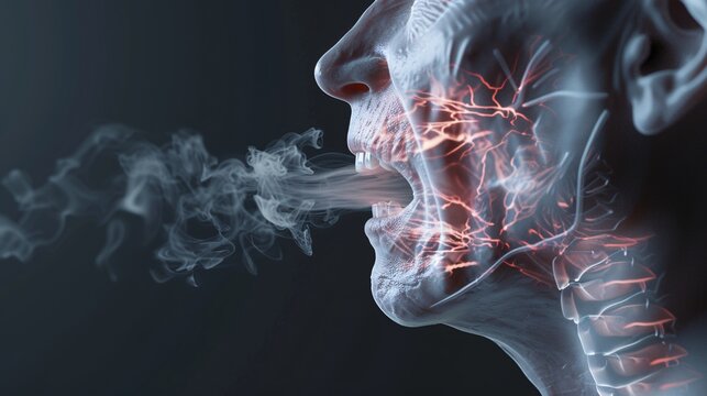 2409_003.Highlighted maxillary sinuses with energy patterns representing chronic sinusitis, medical illustration style, high contrast, clean background, with faint side profile of a elderly person as