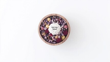 Wooden Bowl of Herring Salad with Potatoes and Beets