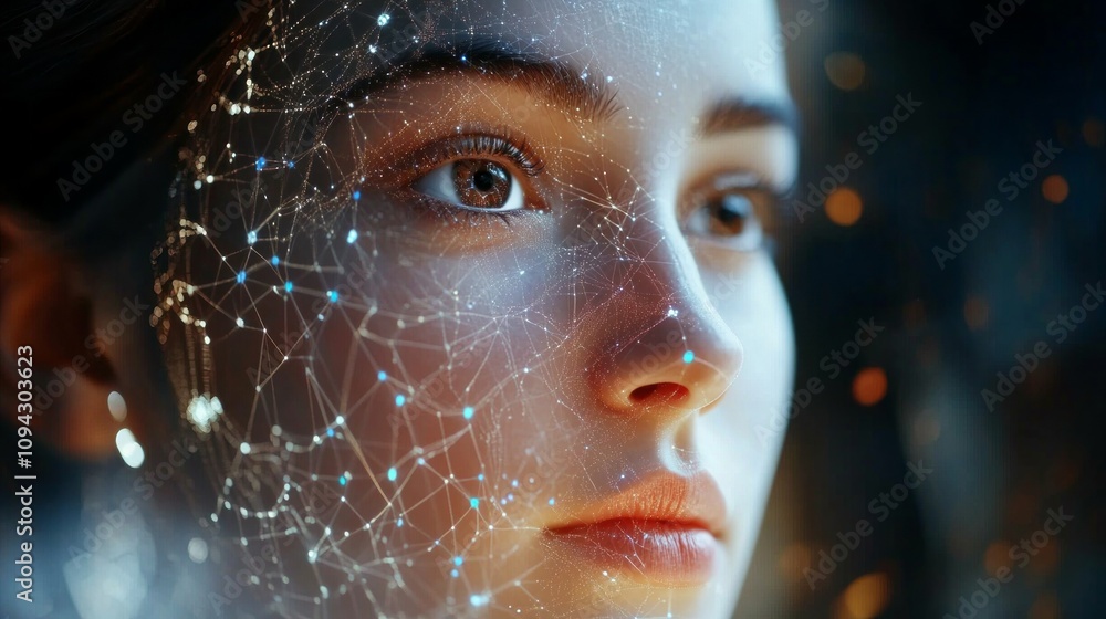 Poster a woman's face is shown in a computer generated image with a lot of lines