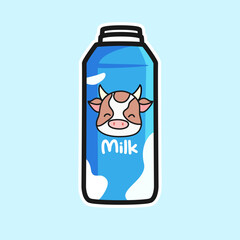 Cartoon milk bottle. Cute colored vector illustration. Asian product kawaii cute anime design style isolated on blue background
