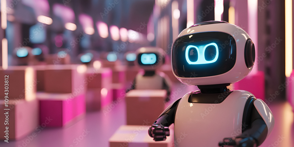 Poster the future of automation: a futuristic, sleek robot stands amidst an array of boxes, its blue eyes g