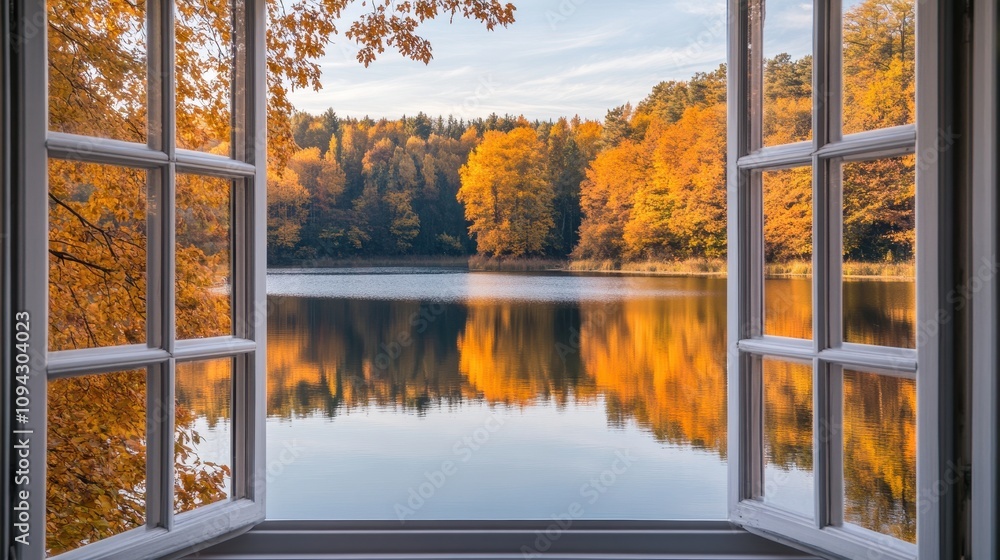 Poster a serene view of autumn foliage reflected in a tranquil lake through an open window.