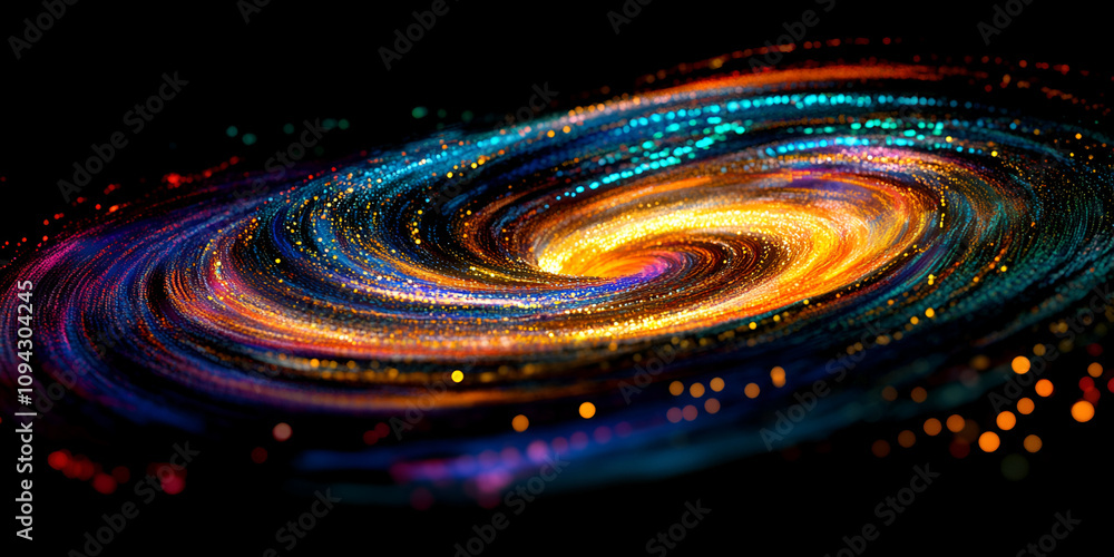 Poster cosmic swirl: a mesmerizing spiral galaxy explodes with vibrant colors and sparkling stardust, creat