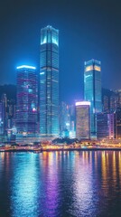 Fototapeta premium A vibrant city skyline illuminated at night, reflecting on water.