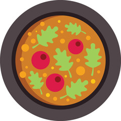 Bowl with tasty hot soup, decorated with arugula and cherry tomatoes, top view