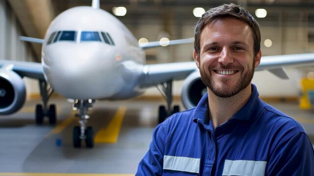 Aerospace engineer wearing blue safety uniform inspecting aviation factory, perfect for showcasing engineering excellence in the aerospace industry.