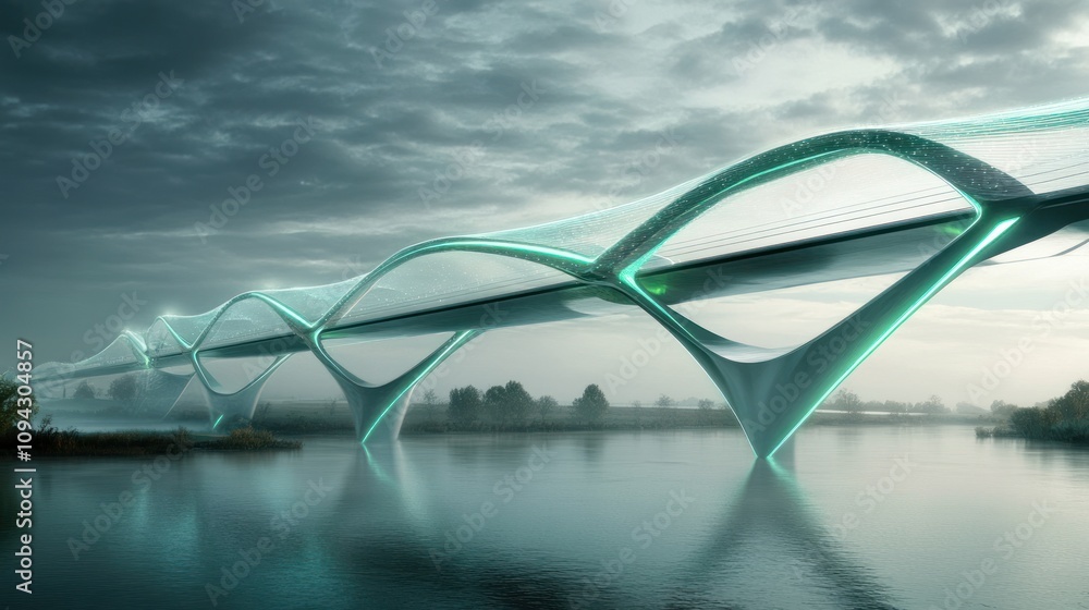 Poster a futuristic bridge design with glowing elements spanning a tranquil river under a cloudy sky.