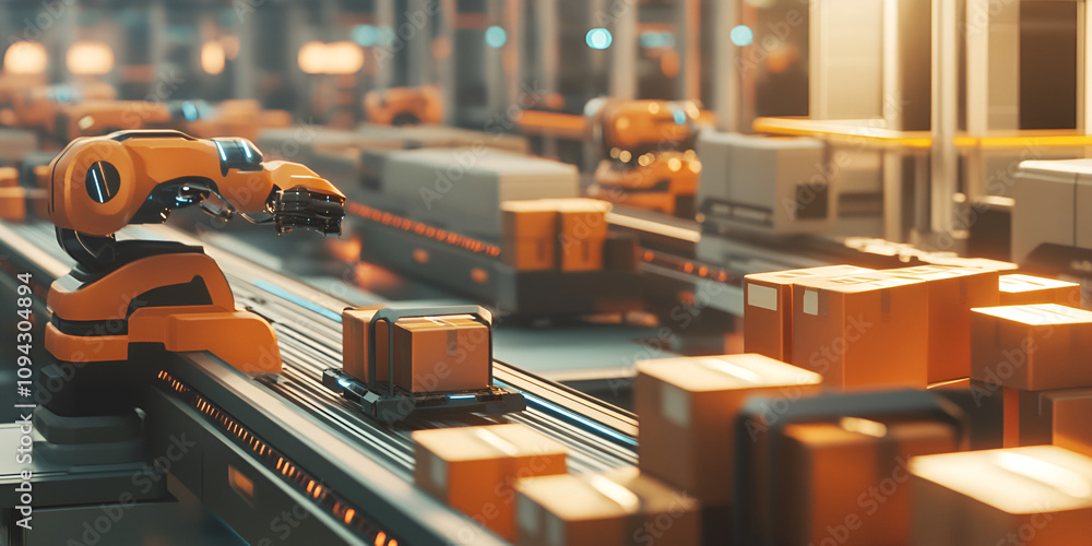 Poster automated efficiency: a mesmerizing glimpse into the future of logistics, where robotic arms seamles
