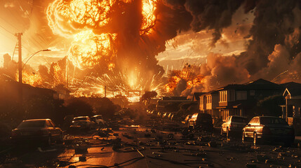 Massive fiery explosion in residential neighborhood. Intense flames, debris, and smoke engulf houses and cars under dramatic apocalyptic skies.