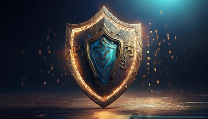 Fototapeta premium A glowing, ornate shield with intricate designs, set against a dim backdrop, symbolizing protection and strength.