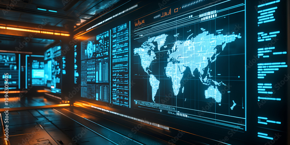 Poster global data network: a futuristic sci-fi corridor lined with glowing screens displaying intricate da